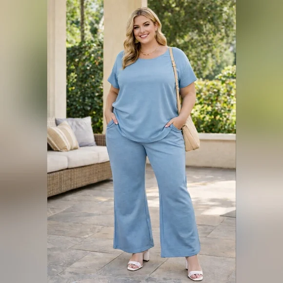 Dear Scarlett Flare Leg Pants 1X Blue Stretch Lounge Modern Casual Relaxed NWT - Picture 2 of 15